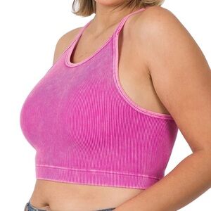 Zenana Mineral Washed Pink Ribbed Seamless Halter Bralette Crop Top Size 1X/2X